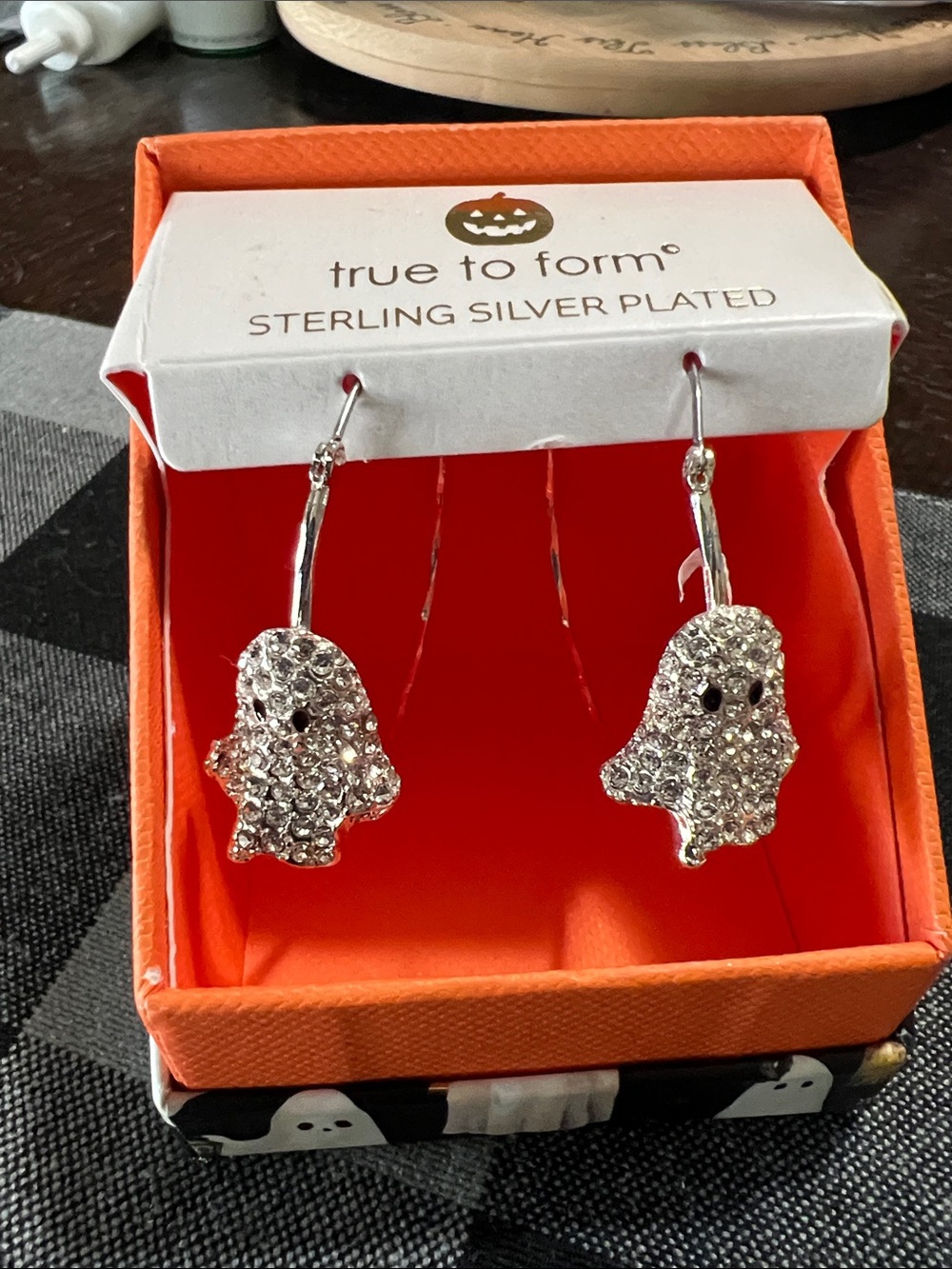True to Form Sterling Silver Plated Crystal Ghost Drop Earrings - Silver